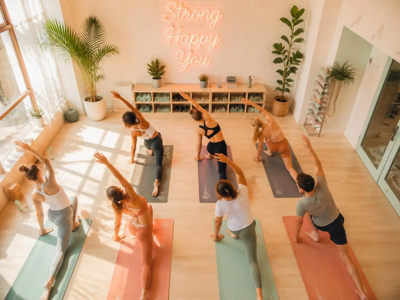 A group fitness class stretching together in a bright boutique studio