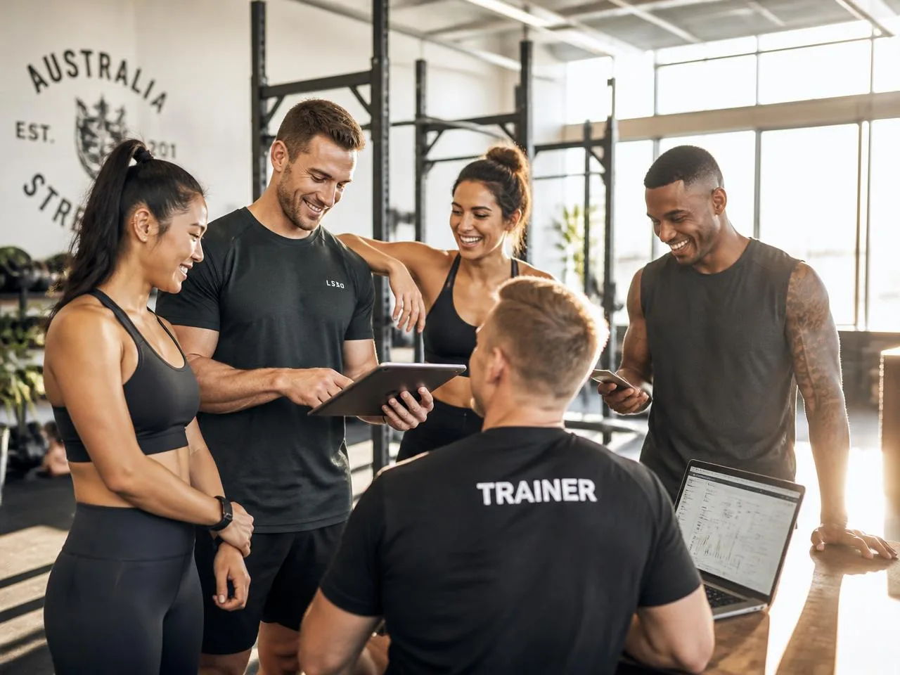 The XODA team collaborating with trainers in a modern gym studio