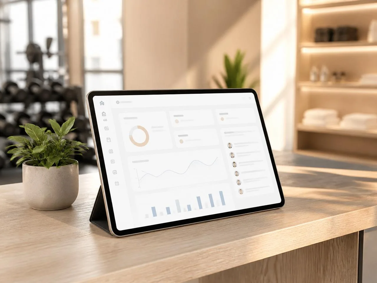 XODA gym management dashboard running on a tablet at a welcoming front desk